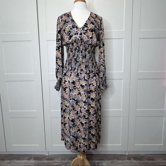 AFRM Dresses & Skirts - Afrm x Nordstrom Black Floral Gold Bouquet Smocked Dress M